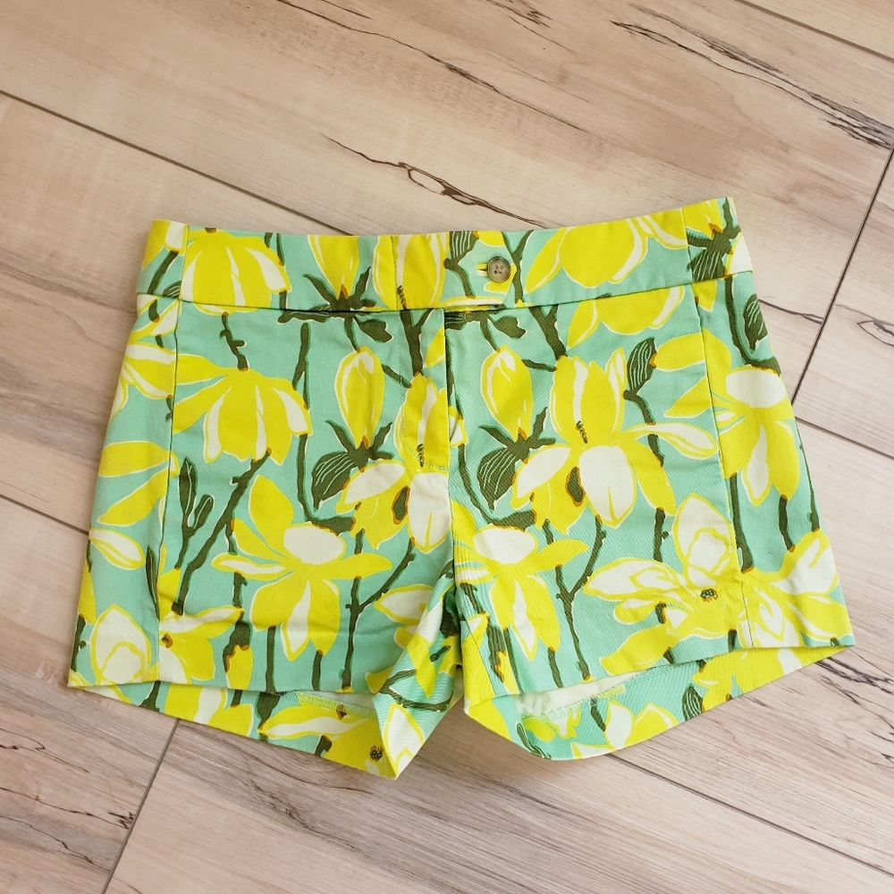 J Crew Stretch Shorts, Size 00, Yellow Floral/Mint